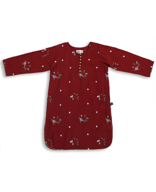 Maroon Reshmi Silk Floral Embroidered Kids Kurta Shalwar Set with buttons on neckline and delicate floral embroidery — traditional Pakistani kids clothing, handcrafted for comfort and festive occasions