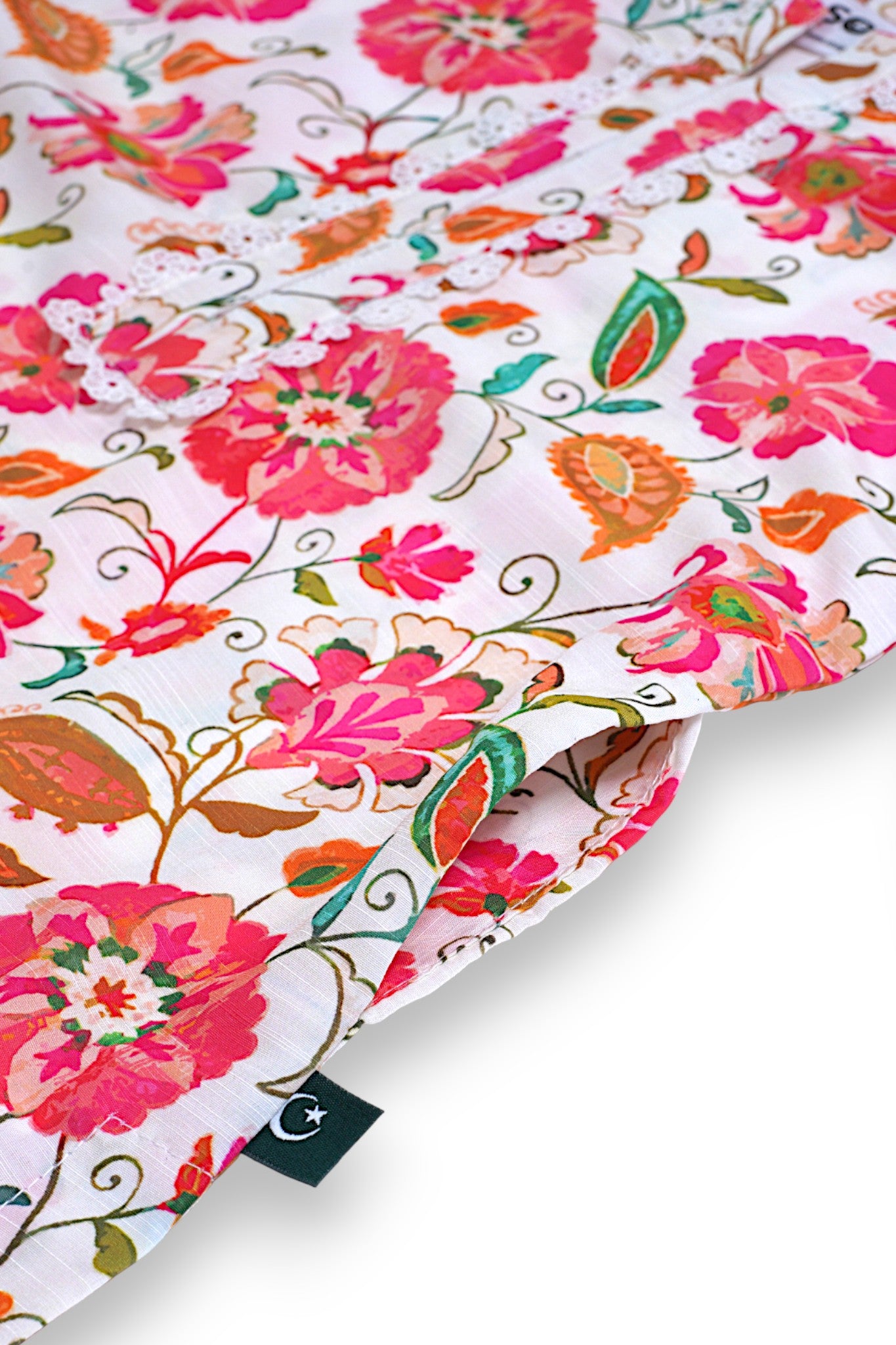 Floral Garden Soft Khaddar Kids Kurta Shalwar Set in pink and orange print with lace-trimmed sleeves and hem — breathable cotton-viscose Pakistani kids clothing for festive wear made by straight outta pakistan
