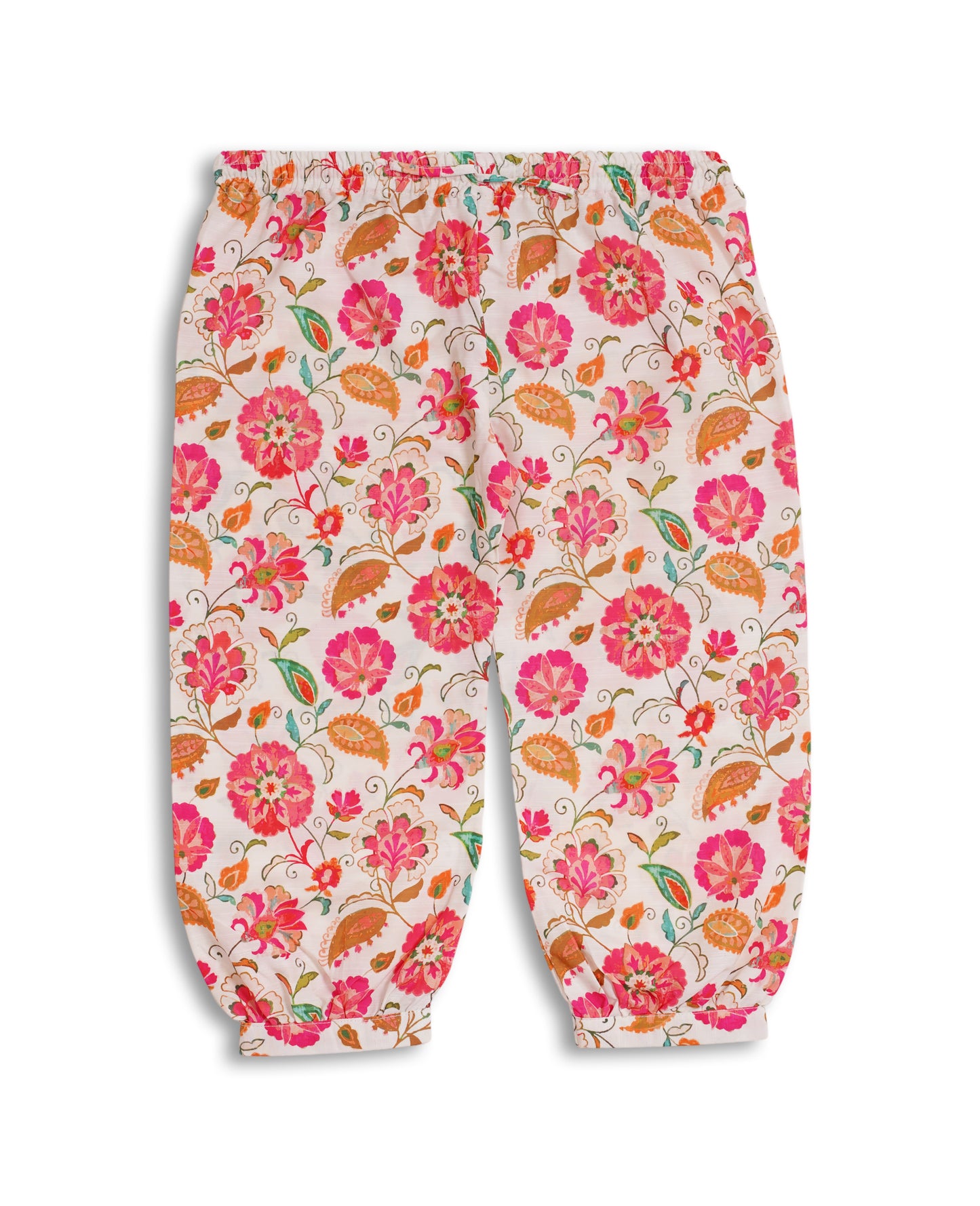 Floral Garden Soft Khaddar Kids Kurta Shalwar Set in pink and orange print with lace-trimmed sleeves and hem — breathable cotton-viscose Pakistani kids clothing for festive wear made by straight outta pakistan