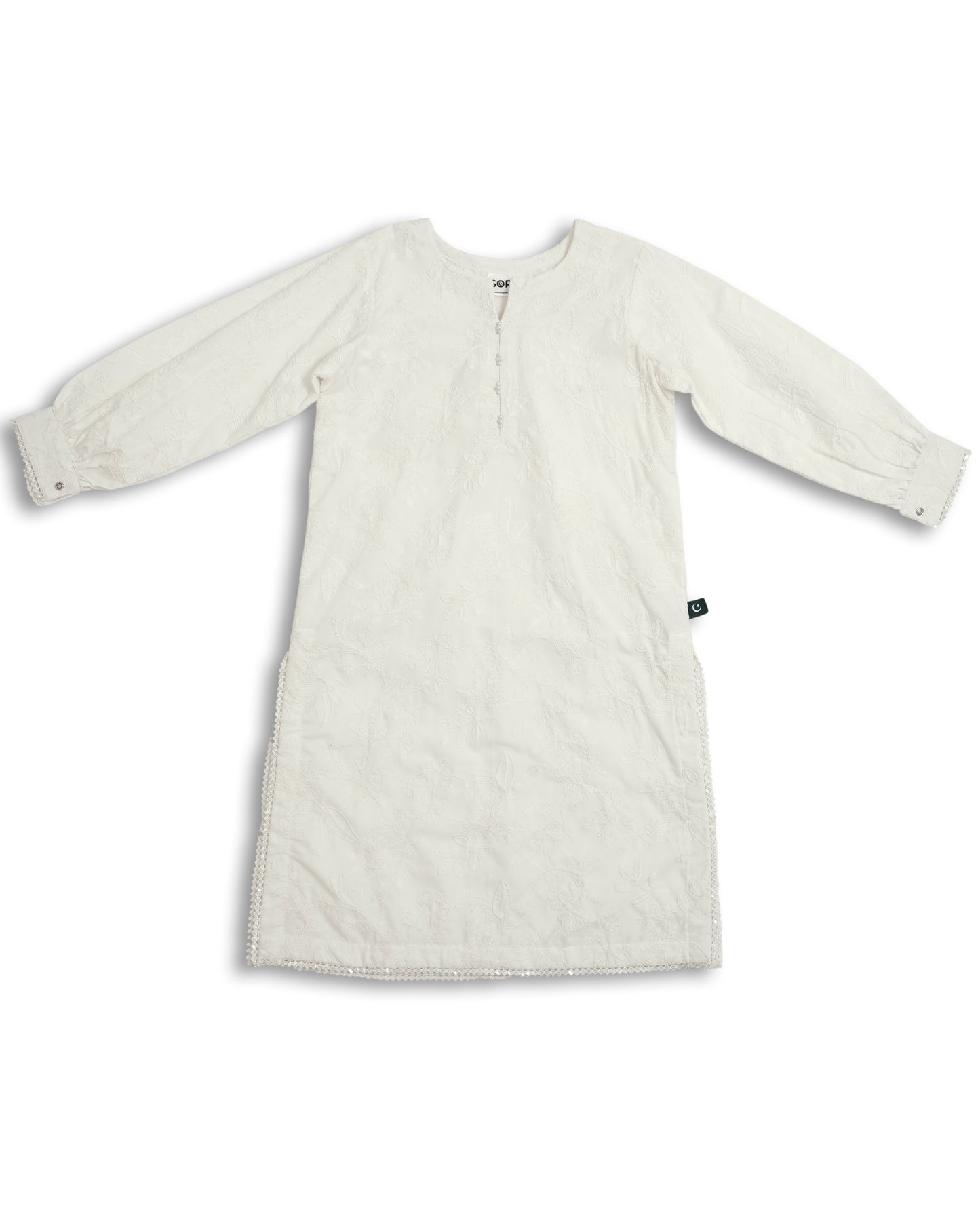 White chikankari cotton kids kurti with embroidered texture, full sleeves, lace-trim hem, and round neckline — handcrafted Pakistani kids clothing.