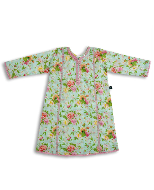 Pista green cotton kids kurta and trouser set with pink and yellow floral print, lace-trim neckline, and soft breathable fabric — Pakistani kids clothing for festive and everyday wear