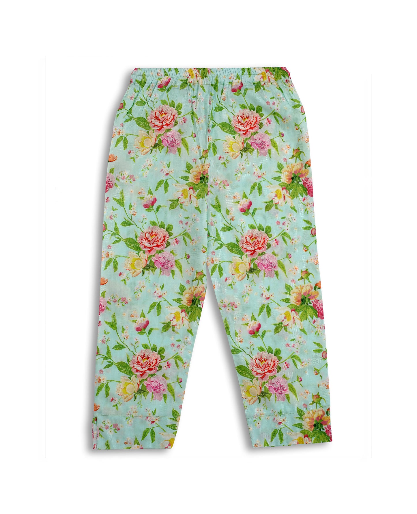 Pista green cotton kids kurta and trouser set with pink and yellow floral print, lace-trim neckline, and soft breathable fabric — Pakistani kids clothing for festive and everyday wear