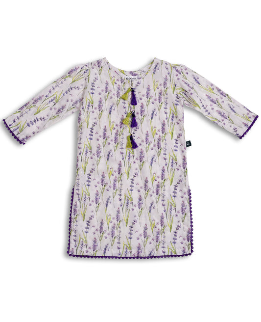 White cotton kids kurta and loose trouser set with lavender floral print, tassel neckline, and lace-edged sleeves — Pakistani kids clothing handcrafted in breathable fabric