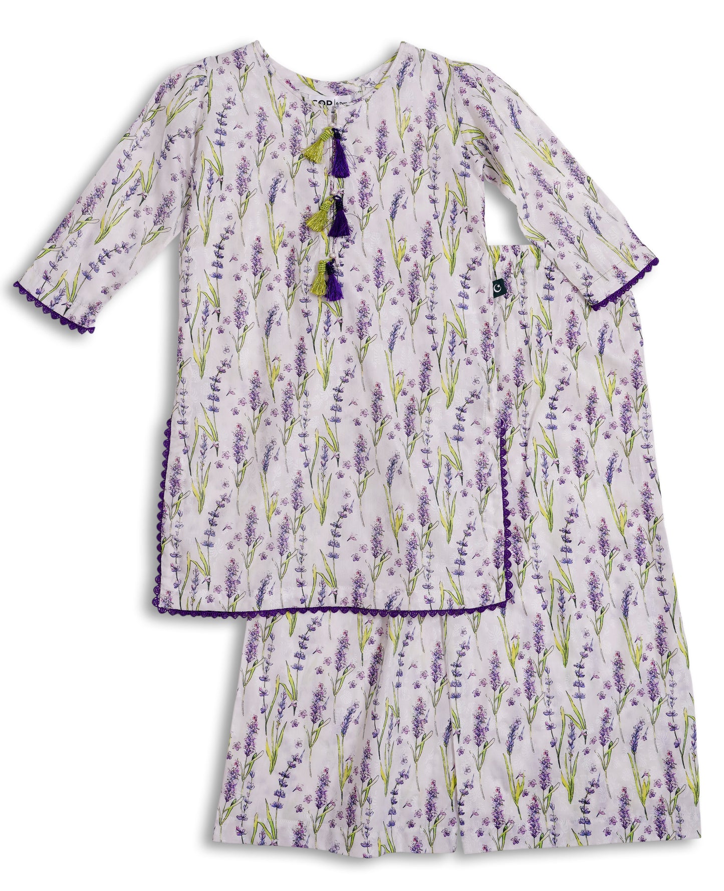 White cotton kids kurta and loose trouser set with lavender floral print, tassel neckline, and lace-edged sleeves — Pakistani kids clothing handcrafted in breathable fabric
