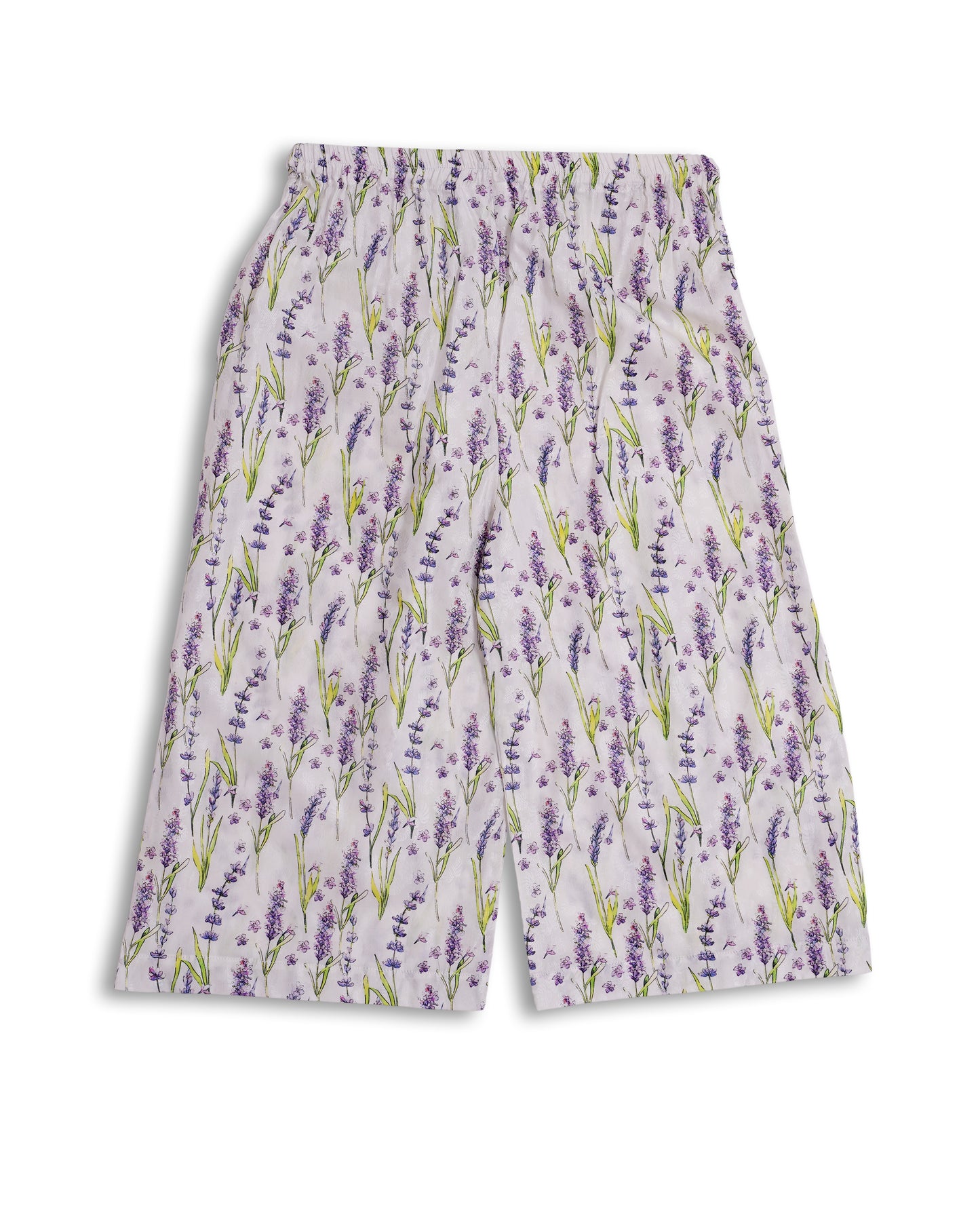 White cotton kids kurta and loose trouser set with lavender floral print, tassel neckline, and lace-edged sleeves — Pakistani kids clothing handcrafted in breathable fabric