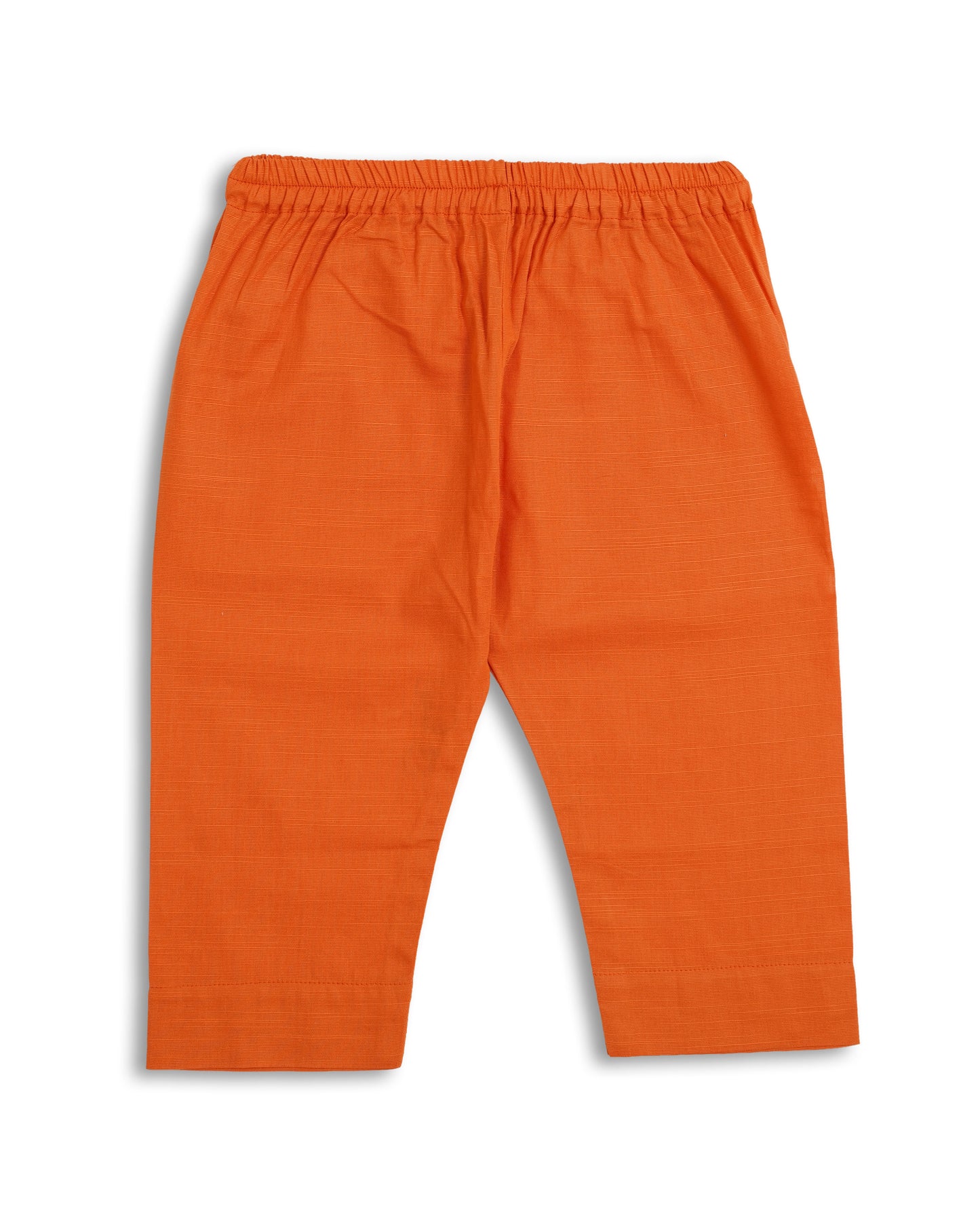 Orange cotton khaddar girls frock and trouser set with lace-trim Peter Pan collar, gathered waist, and delicate hem—Pakistani kids clothing