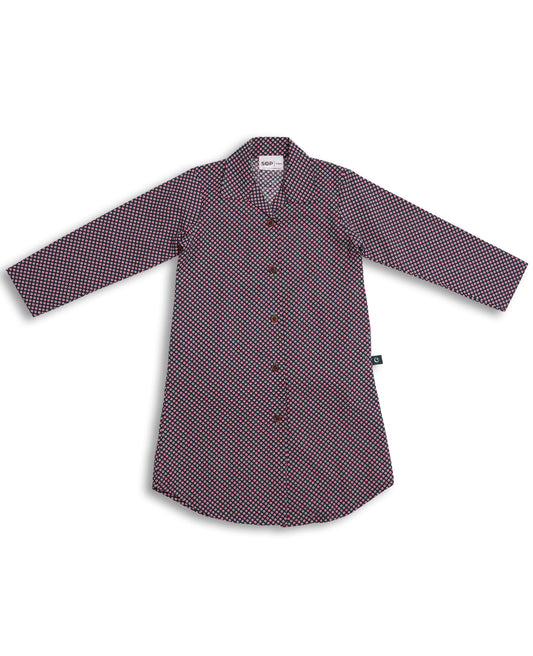 Red Heart Print Cotton Viscose Kids dress with full sleeves, collar neckline, and wooden-style buttons — breathable traditional Pakistani kidswear with modern heart pattern made and stitched in pakistan for kids comfort eastern clothing 