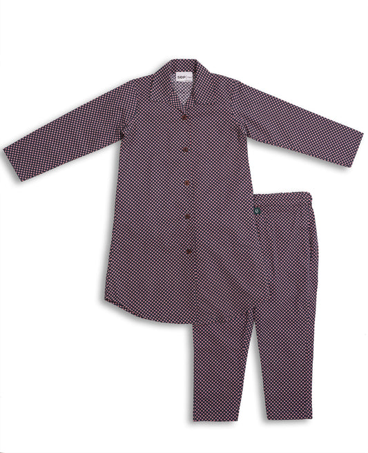 Red Heart Print Cotton Viscose Kids dress with full sleeves, collar neckline, and wooden-style buttons — breathable traditional Pakistani kidswear with modern heart pattern made and stitched in pakistan for kids comfort eastern clothing 