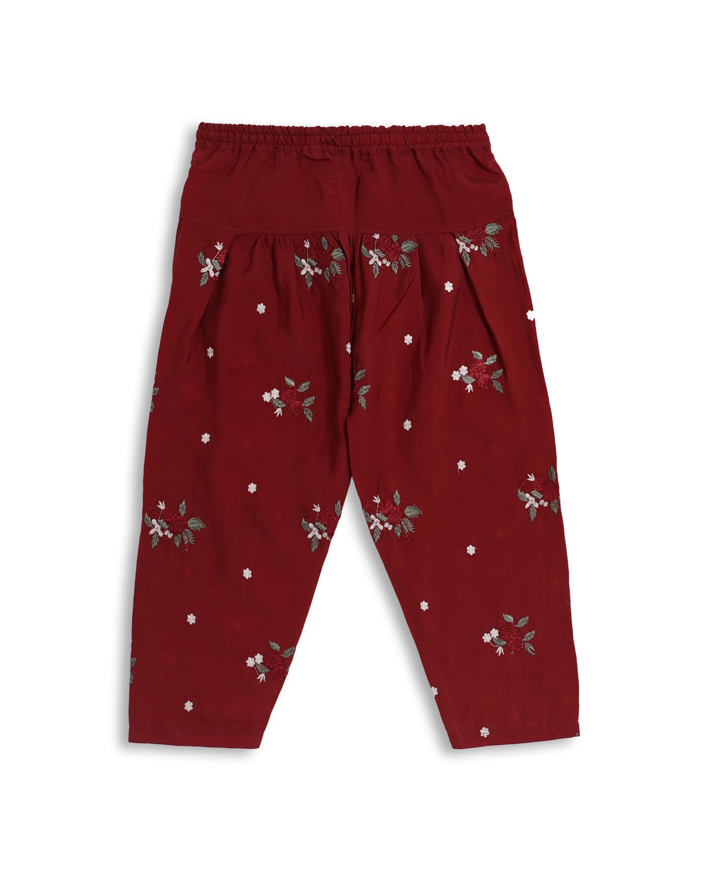 Maroon Reshmi Silk Floral Embroidered Kids Kurta Shalwar Set with buttons on neckline and delicate floral embroidery — traditional Pakistani kids clothing, handcrafted for comfort and festive occasions