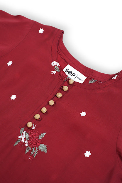 Maroon Reshmi Silk Floral Embroidered Kids Kurta Shalwar Set with buttons on neckline and delicate floral embroidery — traditional Pakistani kids clothing, handcrafted for comfort and festive occasions