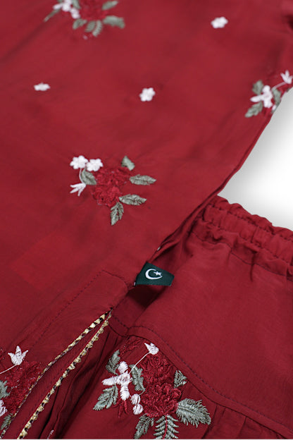 Maroon Reshmi Silk Floral Embroidered Kids Kurta Shalwar Set with buttons on neckline and delicate floral embroidery — traditional Pakistani kids clothing, handcrafted for comfort and festive occasions