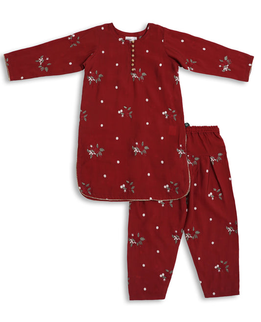 Maroon Reshmi Silk Floral Embroidered Kids Kurta Shalwar Set with buttons on neckline and delicate floral embroidery — traditional Pakistani kids clothing, handcrafted for comfort and festive occasions from straightouttapakistan hand stitched made and shipped from pakistan 