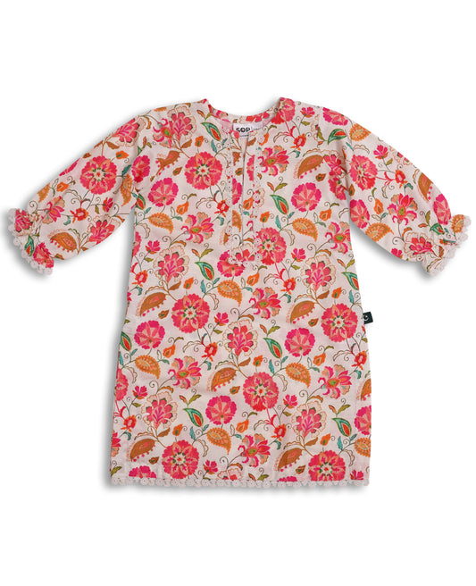 Floral Garden Soft Khaddar Kids Kurta Shalwar Set in pink and orange print with lace-trimmed sleeves and hem — breathable cotton-viscose Pakistani kids clothing for festive wear made by straight outta pakistan 