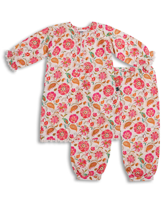 Floral Garden Soft Khaddar Kids Kurta Shalwar Set in pink and orange print with lace-trimmed sleeves and hem — breathable cotton-viscose Pakistani kids clothing for festive wear made by straight outta pakistan 
