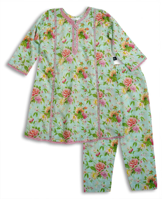 Pista green cotton kids kurta and trouser set with pink and yellow floral print, lace-trim neckline, and soft breathable fabric — Pakistani kids clothing for festive and everyday wear