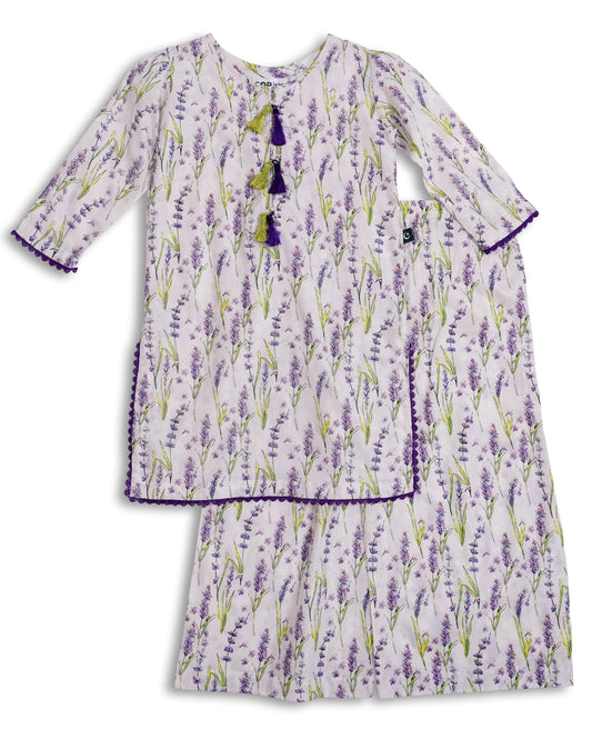 White cotton kids kurta and loose trouser set with lavender floral print, tassel neckline, and lace-edged sleeves — Pakistani kids clothing handcrafted in breathable fabric