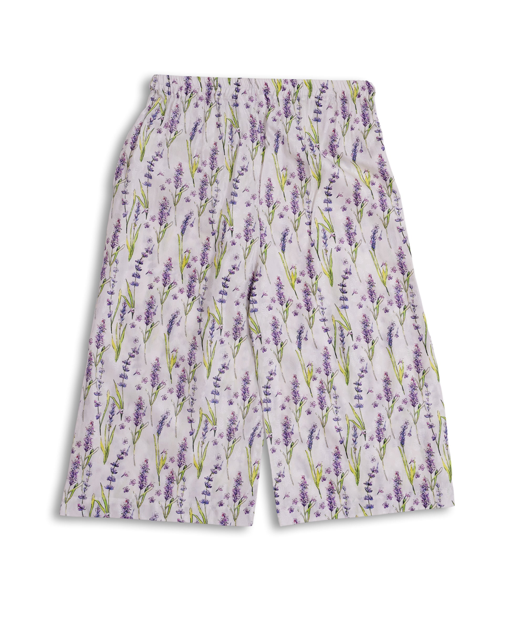 White cotton kids kurta and loose trouser set with lavender floral print, tassel neckline, and lace-edged sleeves — Pakistani kids clothing handcrafted in breathable fabric
